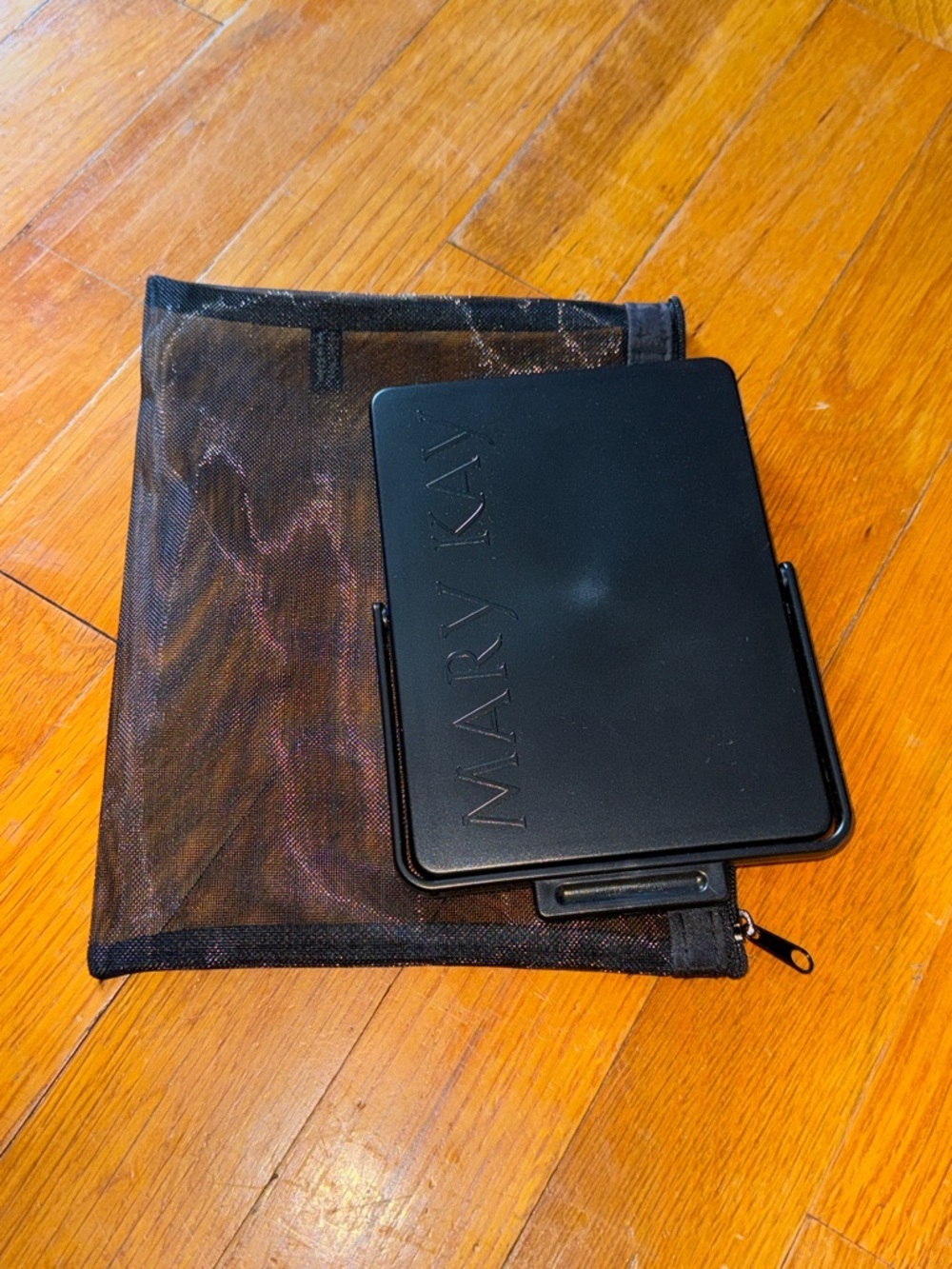Mary Kay Black Compact Folding Mirror with Mesh Travel Pouch
